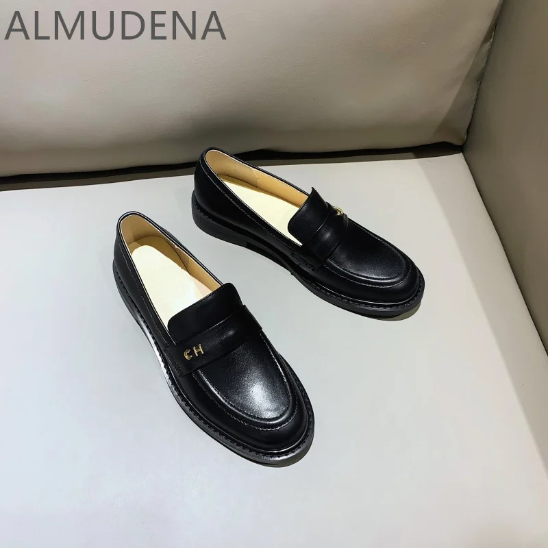 Genuine Leather Flat Loafers Women Shoes Cow Leather Mixed Colors Leisure Casual Square Heel Low Heel Shoes Outside Metal Word