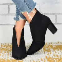 women ankle boots fashion v cutout slip on botas ladies pointed toe stacked mid heel bootins with snake leatherette