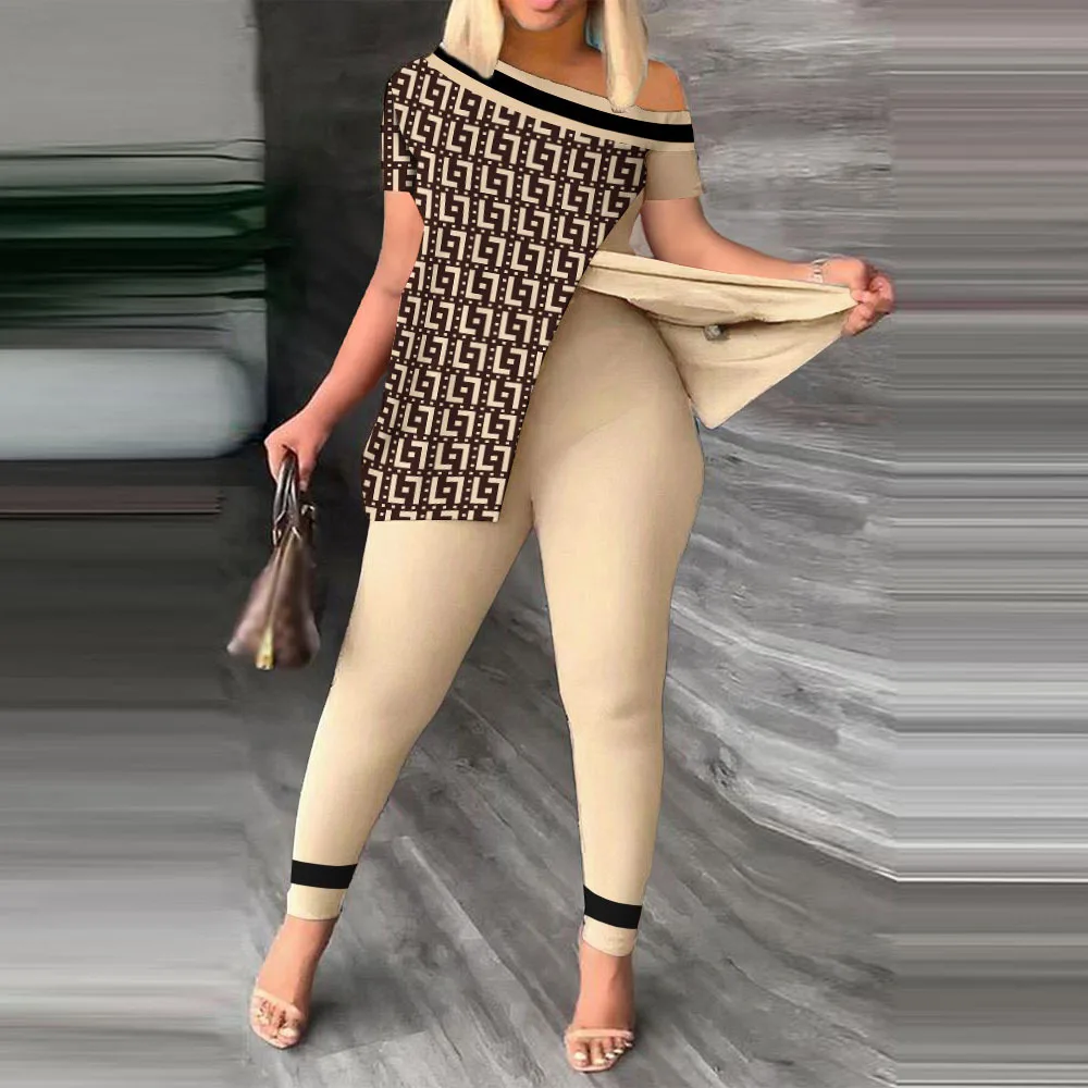 

Summer Fashion Printed Two Piece Set Women Off Shoulder Short Sleeve Split T-Shirt Leggings Slim 2 Piece Suit Women