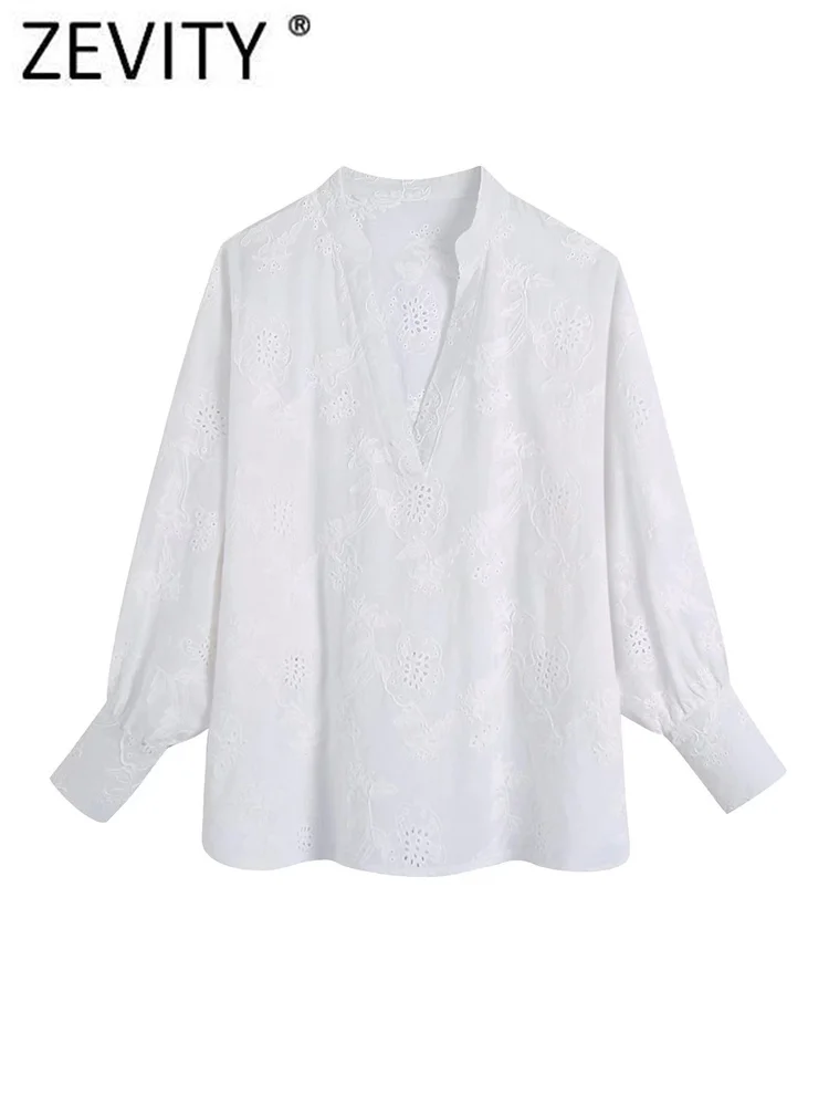 

Zevity Women Fashion V Neck Hollow Out Embroidery White Smock Blouse Female Three Quarter Sleeve Shirt Chic Blusas Tops LS986