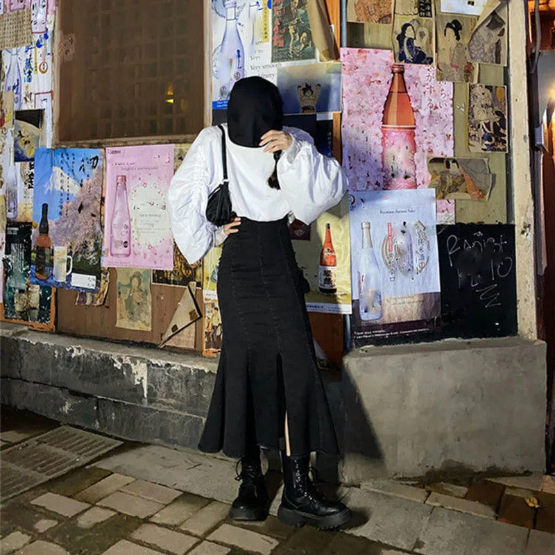 Женская джинсовая юбка-годе Lucyever длинная облегающая юбка с разрезом оборками и