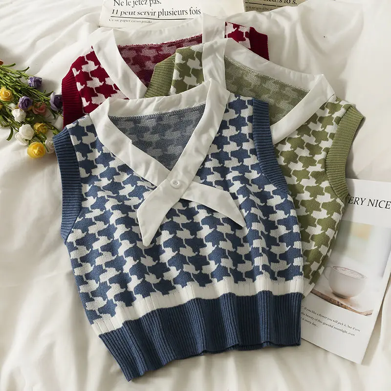 

Houndstooth New Student Spring Fall V-neck Girl Women Sweater Vest Loose Knit Outer Wear Leisure Clothing Coat Top Girls Cloth