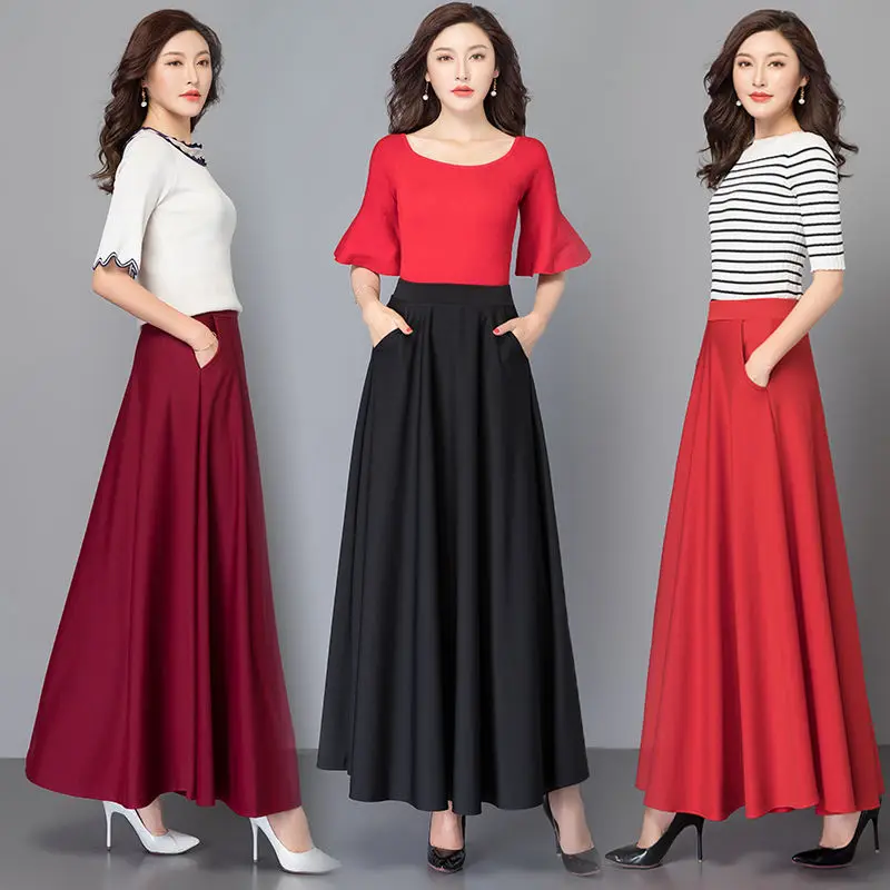 

Spring Autumn Long Black Skirts Womens Elegant Solid High Waist Pleated Skirt Jupe Femme Streetwear A-Line Skirts Faldas E295