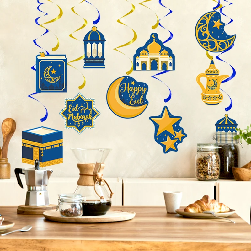 

2023 Eid Mubarak Spiral Hanging Ornaments Banner Ramadan Kareem Decoration For Home Islamic Muslim Festival Party Supplies
