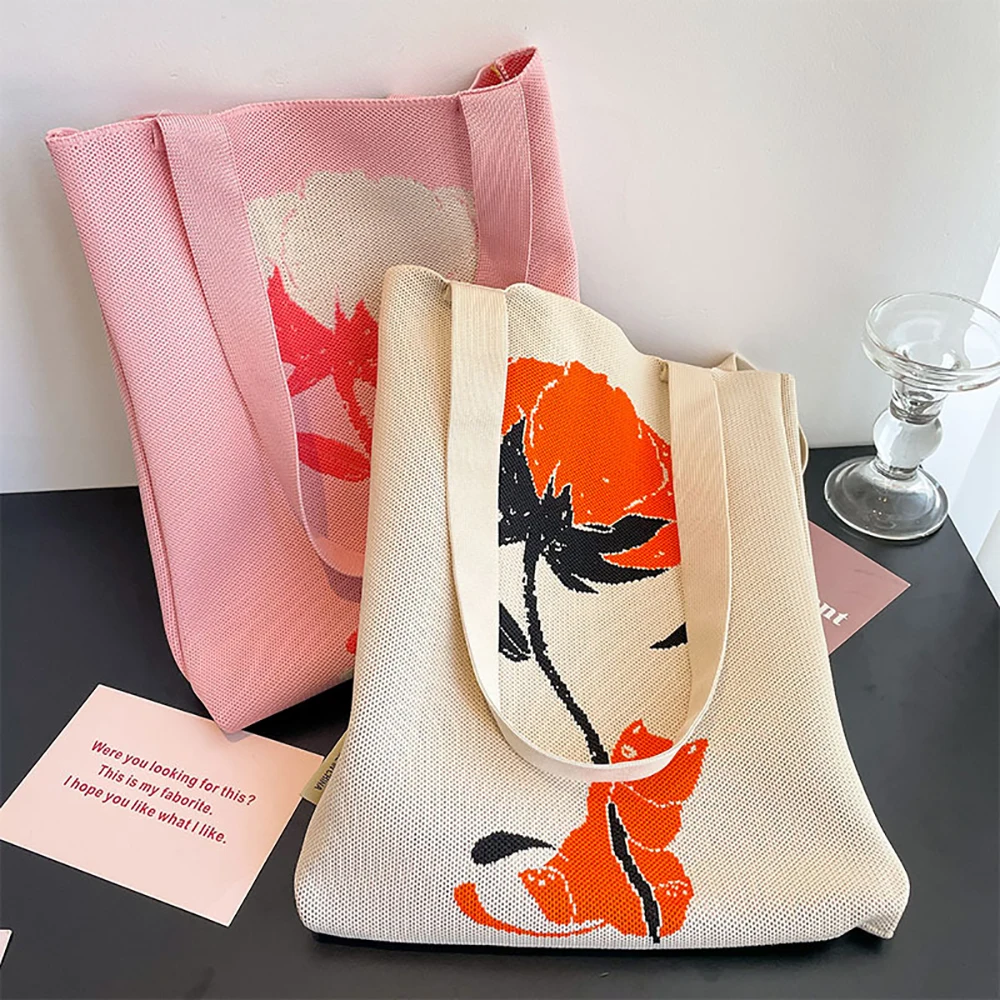 

Large Capacity Knit Handbag Women Fashion Shoulder-bag Casual Color Wide Stripe Plaid Tote Bag Student Reusable Shopping Bag