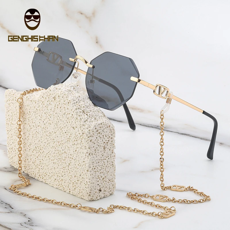 

2023 Luxury Fashion Metal Chain Unique Polygon Frameless Sunglasses Classic Women Retro Brand Designer Sunglasses Oculos De Sol