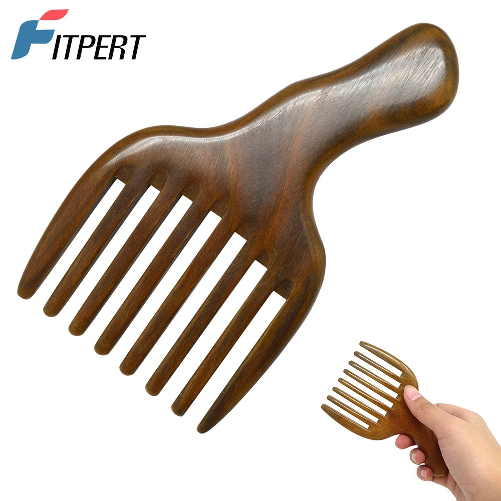 

FITPERT 1 Piece Hair/Beard Pick/Comb – Made of One Whole Piece of Natural Green Sandal Wood with Fantastic Handle (Wide Tooth)