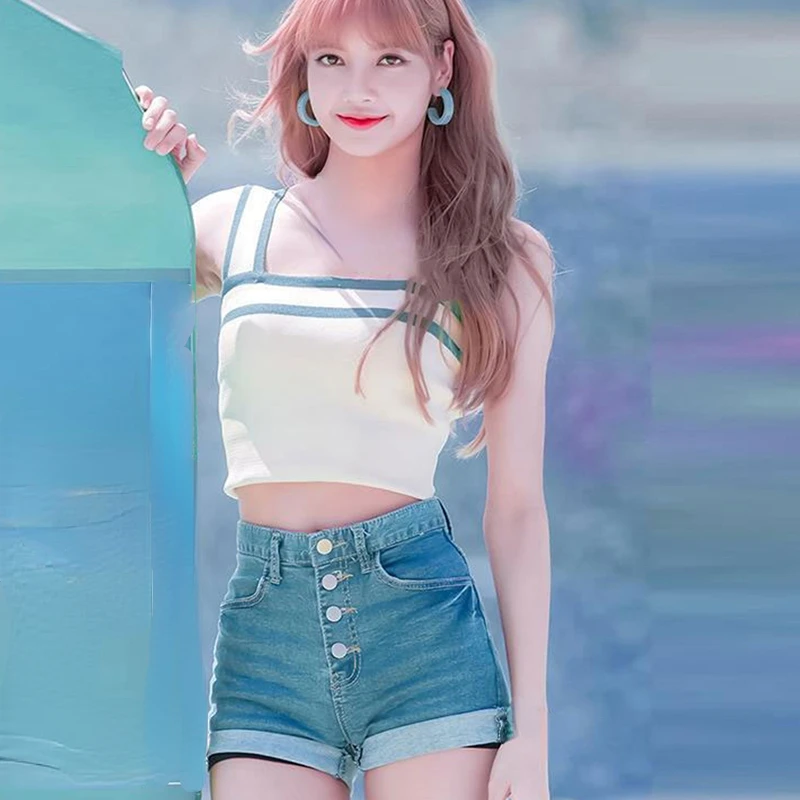 Kpop Lisa Korean Women's Straight Denim Shorts High Waist 2022 Fashion Slim Shorts Ladies Summer Single-breasted Pocket Shorts