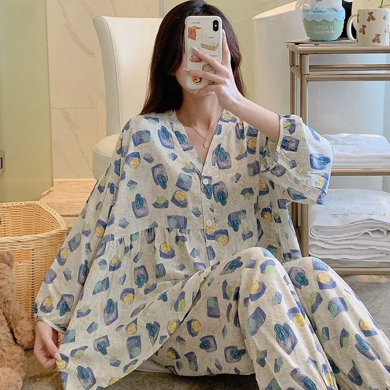 1 Long sleeve cotton silk pajamas women in the spring and autumn thin girl leisurewear bourette suits summer big yards