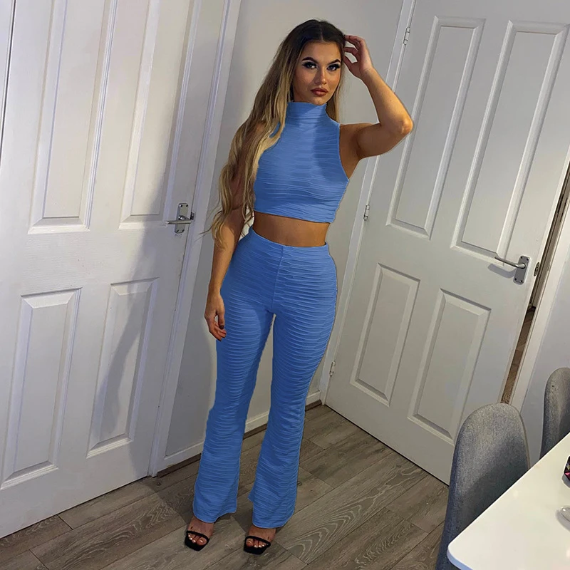 

Two-piece Set Women's Casual Turtleneck Sleeveless Vests High Waist Solid Jacquard Trousers Summer Sports Suits
