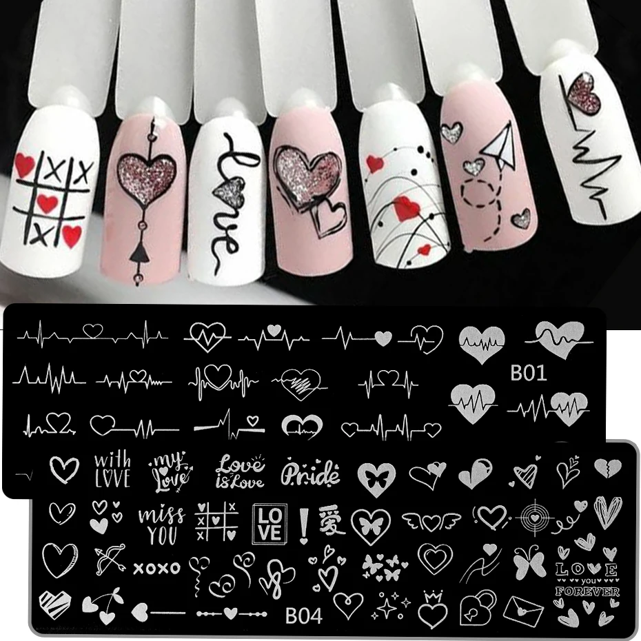 Любовь Сердце ногтей штамповки пластины роза любовь буквы Геометрия День