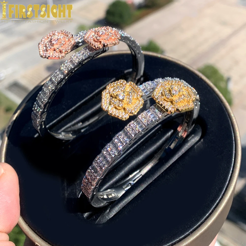 2024 Новый Iced Out Bling Открытый Цветок Циркон Браслет Подвеска Прямоугольник AAA CZ Роза