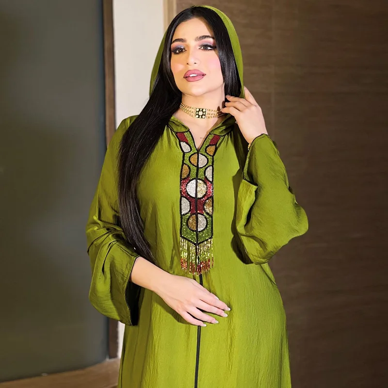 Robe Femme Musulmane New Green Middle East Luxury Beaded Robe Jalabia Muslim Dress Hooded Abayas for Women Dubai