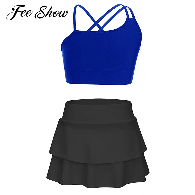 

Kids Girls Running Dance Outfits Asymmetrical Strappy Crop Top with Layered Skirt Set for Sports Athletic Workout Training Suits