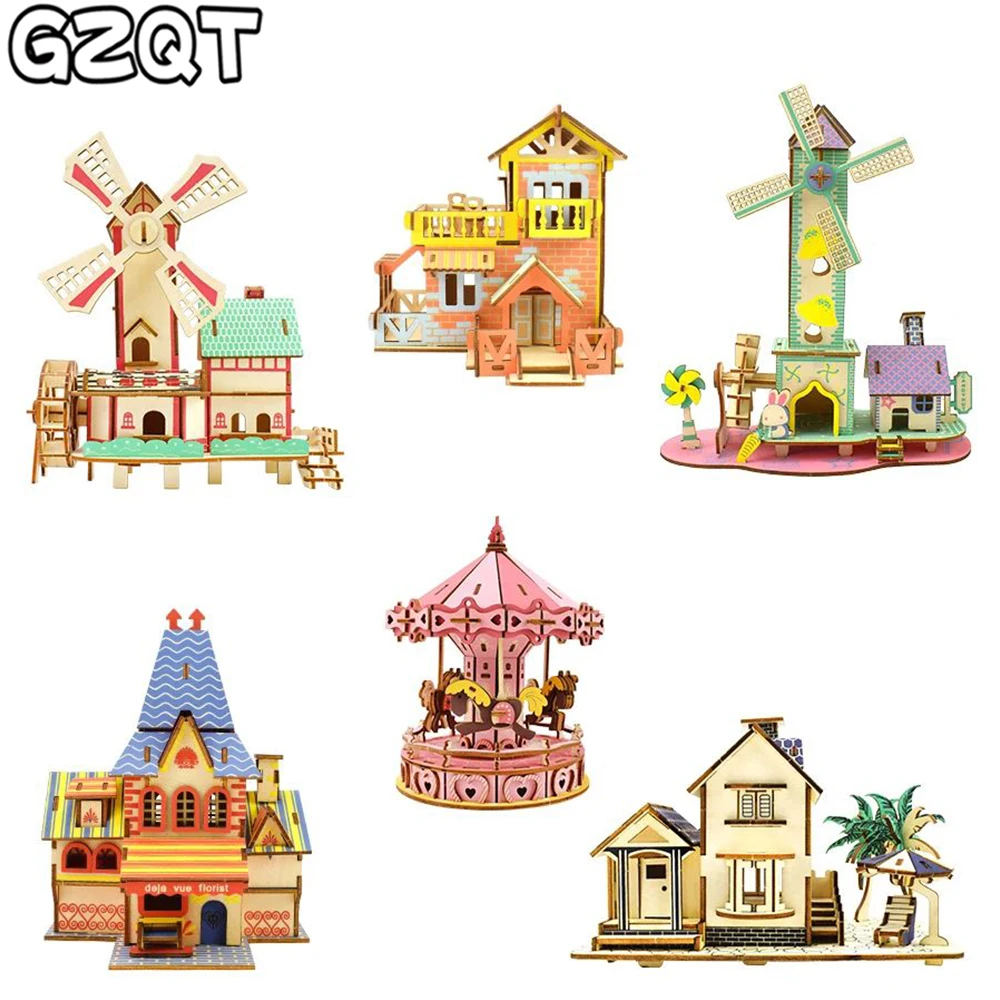 

3D Wooden Puzzle Toys for Children DIY Assembly House Model Kit Wooden Puzzles for Kids Educational Toy Jigsaw Architecture Gift