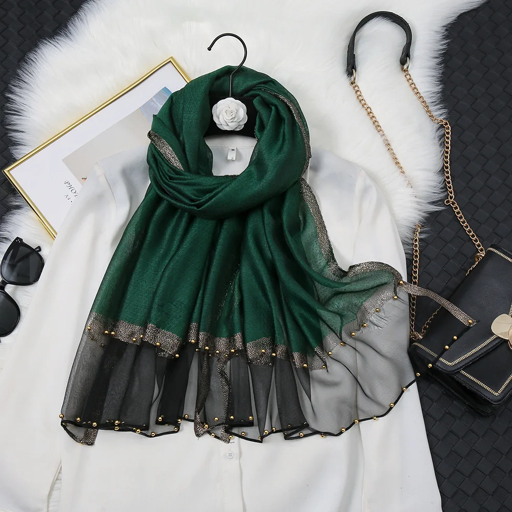 

High Quality Female Mulberry Silk Pearl Scarf All-match Headscarf Gift Long Shawl for Women Black Cape In Spring