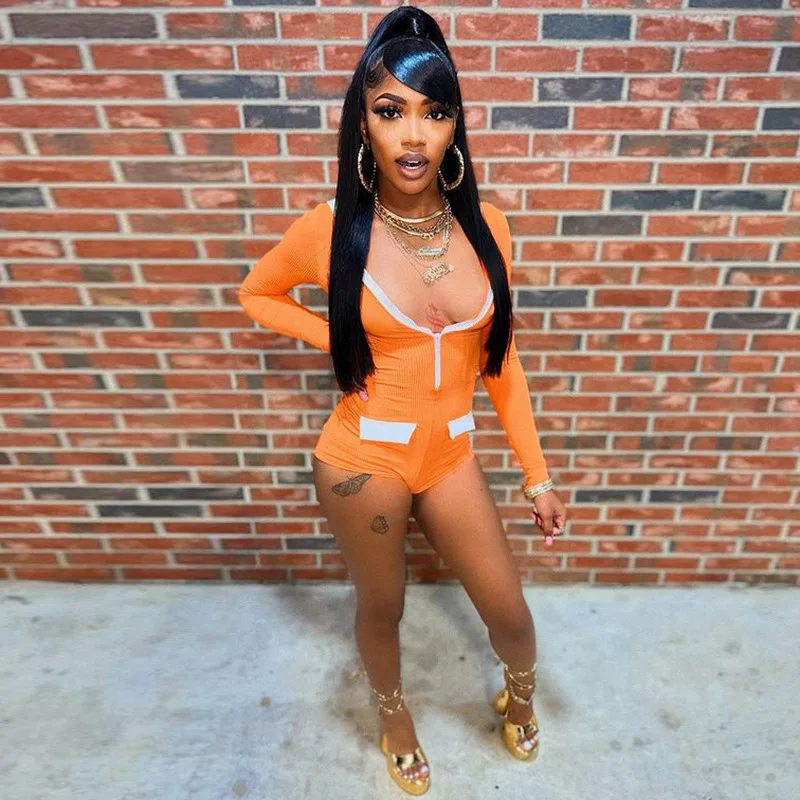 

Fall Ribbed Hoodies Jumpsuit Zipper Long Sleeve Orange Rompers Women 2022 Bodysuits One-Pieces Sexy Short Skinny Pants Overalls