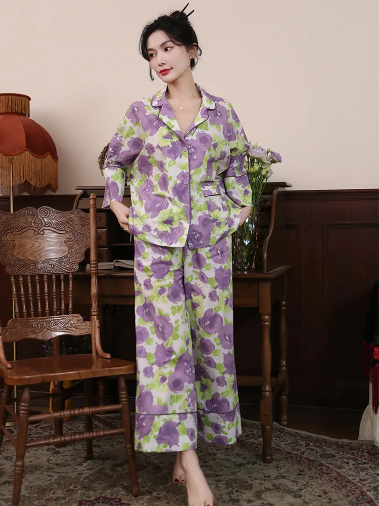 Pajama woman new breathable thin set fashion print loungewear pajamas for women perro ชุดนอนผ้าซาติน