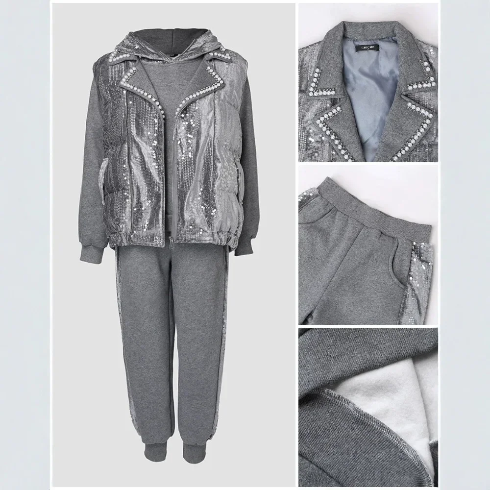 Толстовка с капюшоном и контрастными пайетками спортивные штаны карманами