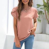 top trendy breathable stretchy top with lace jacquard short sleeves for office women top blouse