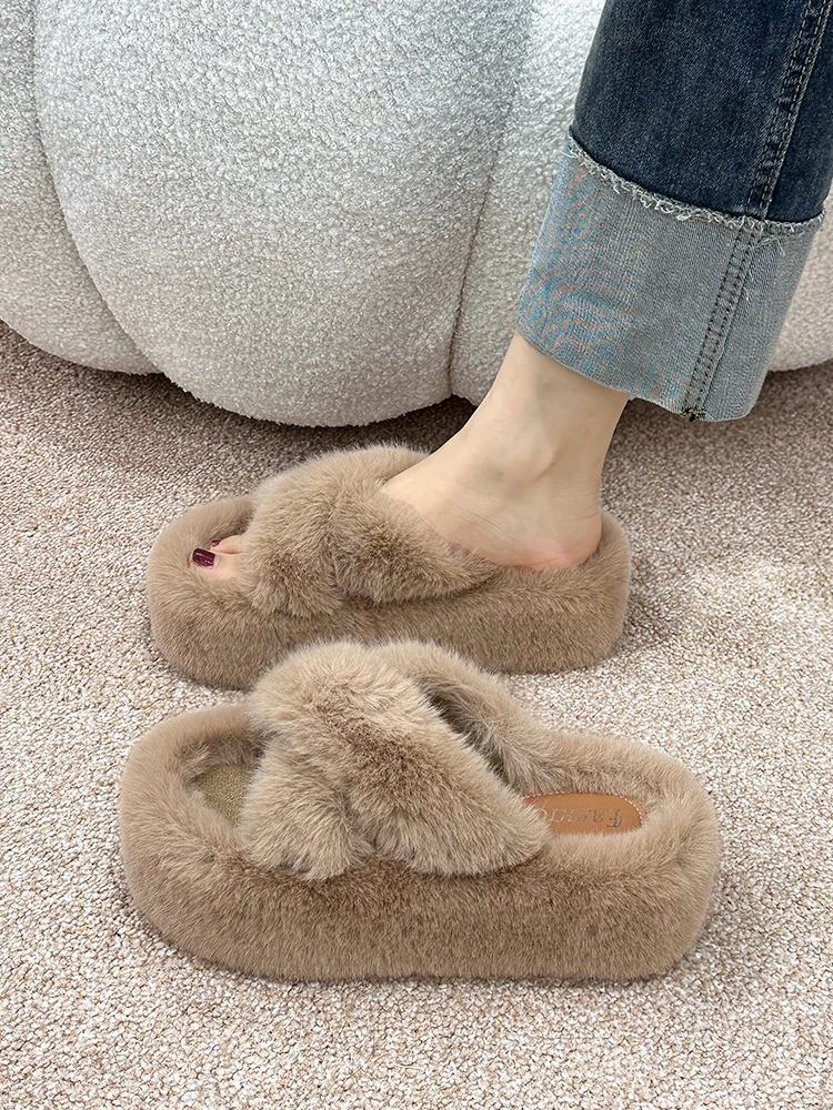 

Мюли женские на плоской подошве, меховые шлепанцы, Сланцы на платформе, роскошная зимняя обувь, плюшевые тапки, 2023