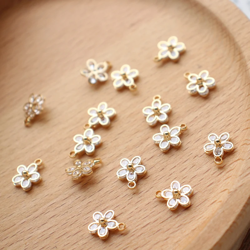 Vacuum Plating K Gold mini Zircon flower cute Drop Pendant little Charms for making jewelry accessories 8.5mm 3pcs |