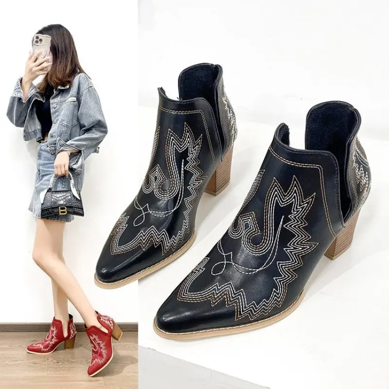 Осенне-зимние повседневные ковбойские полусапожки в западном стиле женские
