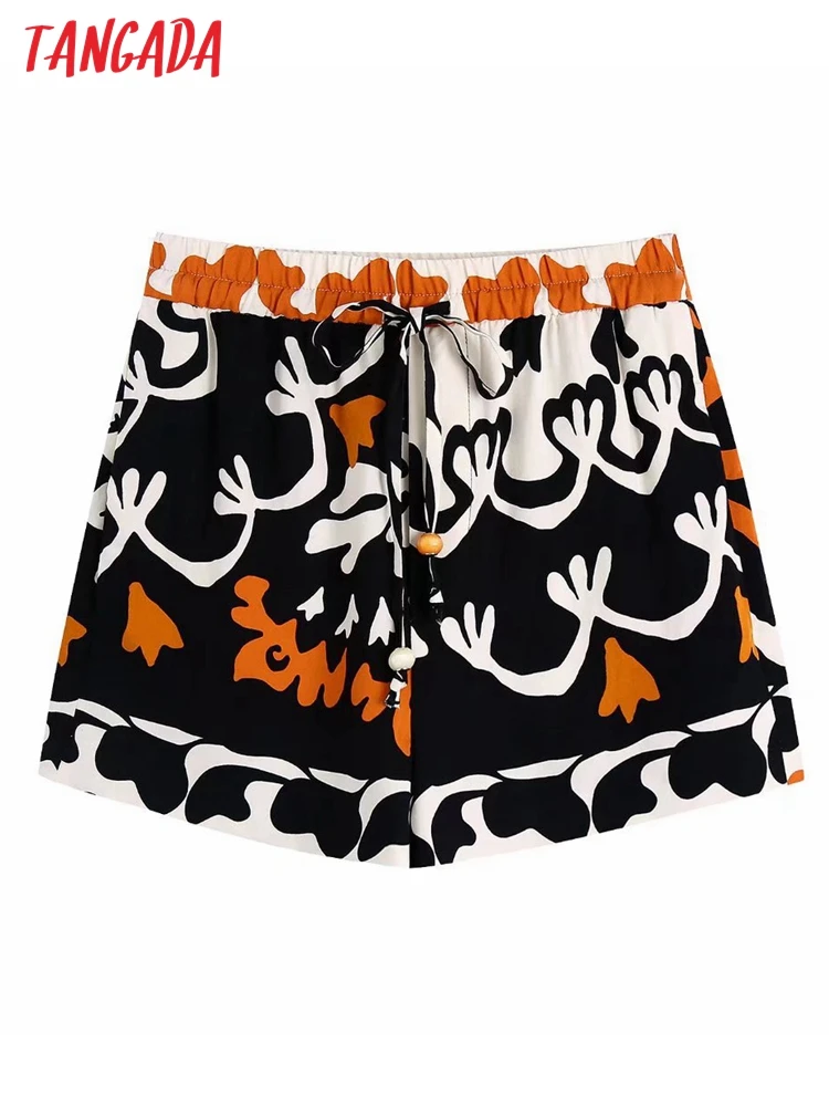 

Tangada Women Vintage Print Shorts Bow Strethy Waist Pockets Female Retro Casual Shorts Pantalones BE369