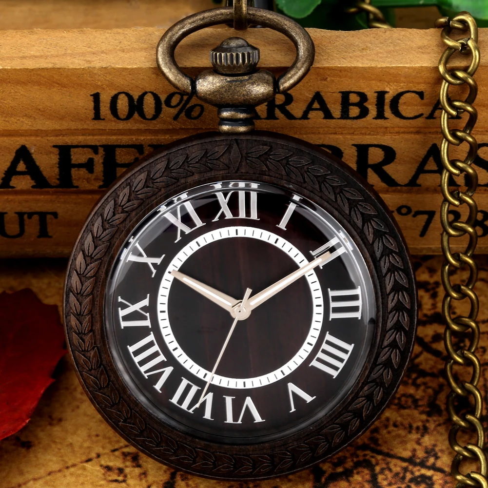 

Men Vintage Quartz Pocket Watch Pendant Ebony Wooden Gifts for Men Women Roman Numeral Fob Watch Analog Clock Relógio De Bolso