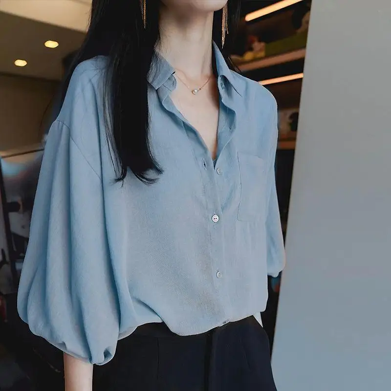 Summer New Korean Pockets Patchwork Shirt Tops Ladies Chiffon Loose Solid Color Lantern Sleeve Blouses Retro Trend Women Clothes