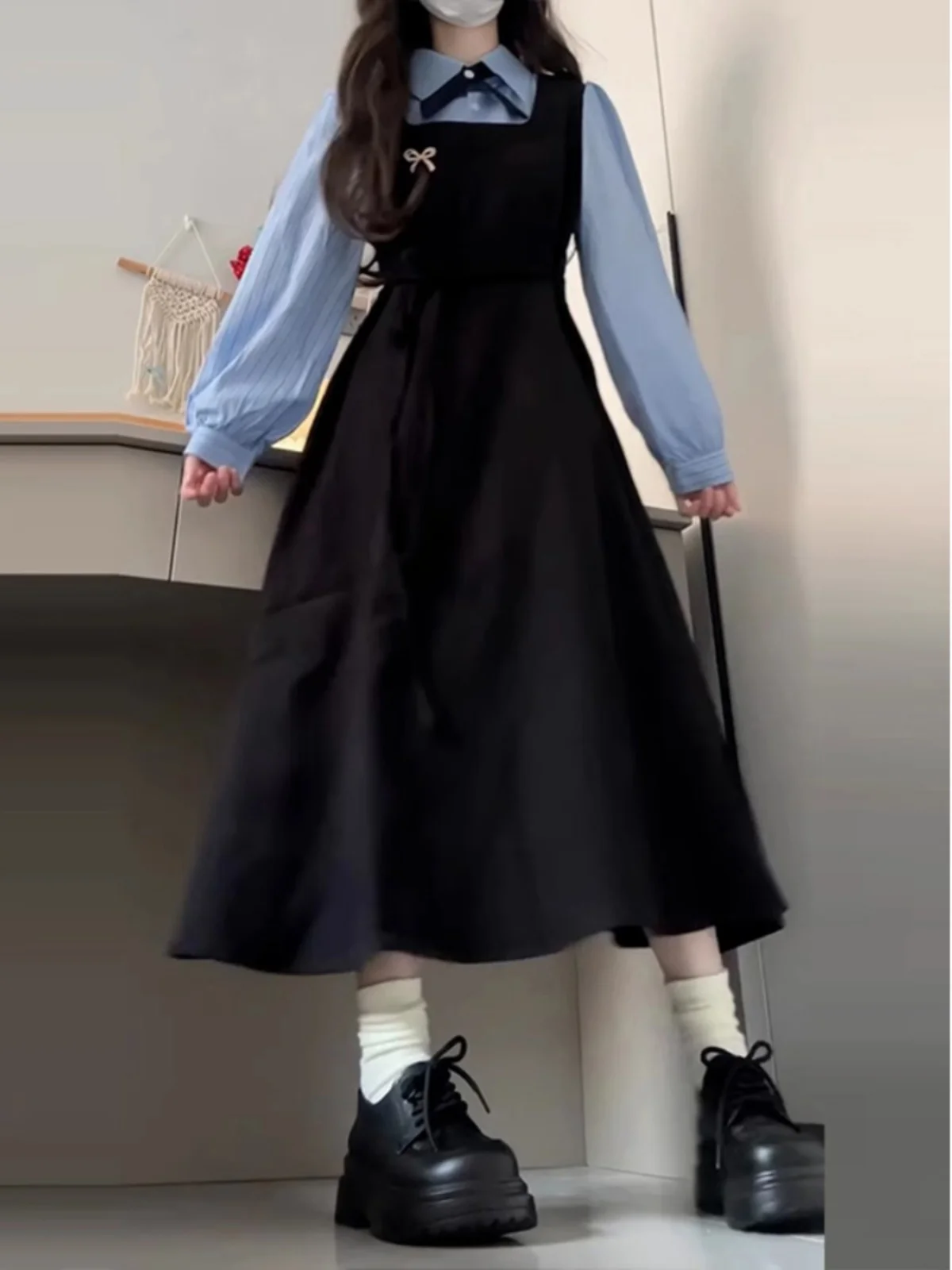 French sle Loose Feeling Wear Dress Women 2024 Autumn and Winter with Coat Waist Hugging Meat Covering Fake Two Pieces Temp...