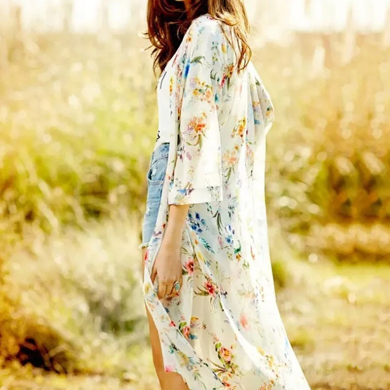 

New Blouse Casual Elegant Chiffon Floral Print V Neck Half Sleeve Top Women's Fashion Cardigan Shawl