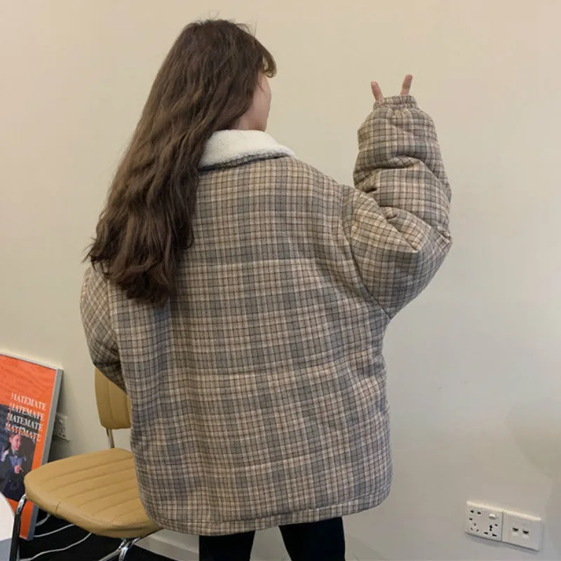 Retro Short Parkas Women Turn-down Collar Plaid Vintage Coats Korean Chic Casual Warm Winter Elegant Female Clothing Slim Coat