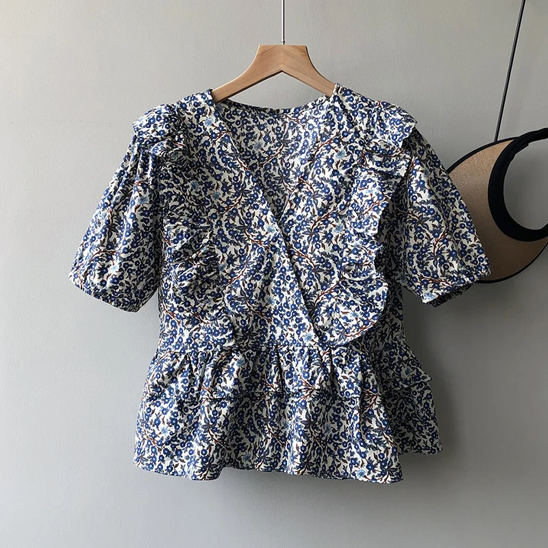 

One Button V Neck Women Shirts Summer Short Sleeve Loose Elegant Korean Fashion Ruffles Blue Printed Floral Tops Blouses