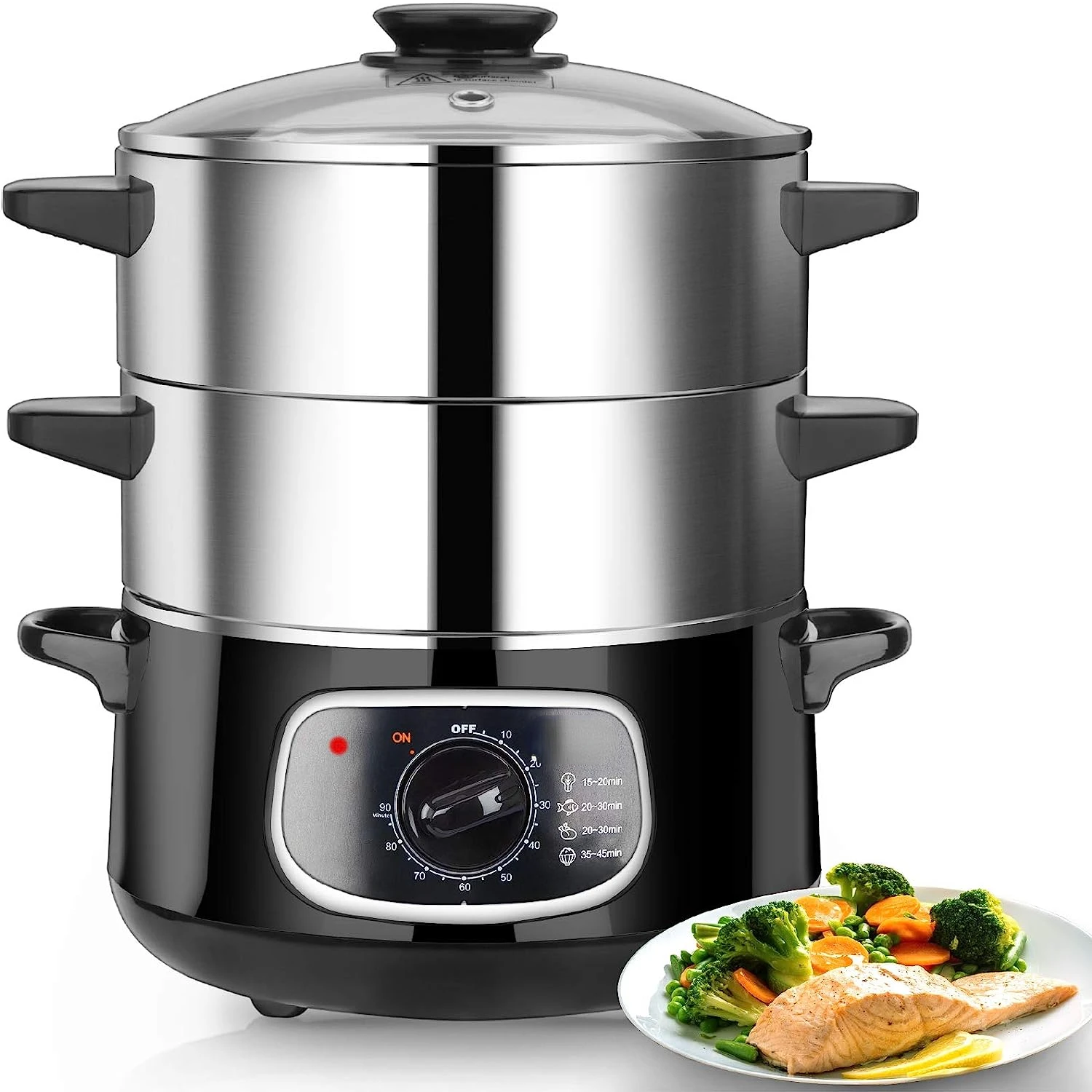 

Пищевой отпариватель из нержавеющей стали 8,5 Qt, стеклянная крышка, отпариватель для овощей, двухуровневые штабелируемые корзины с таймером