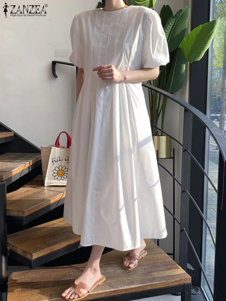 

Summer Elegant Dress For Women 2022 Chic Solid Robe Longue ZANZEA Fashion Short Sleeve Kaftan Casual Holiday Swing Maxi Dresses
