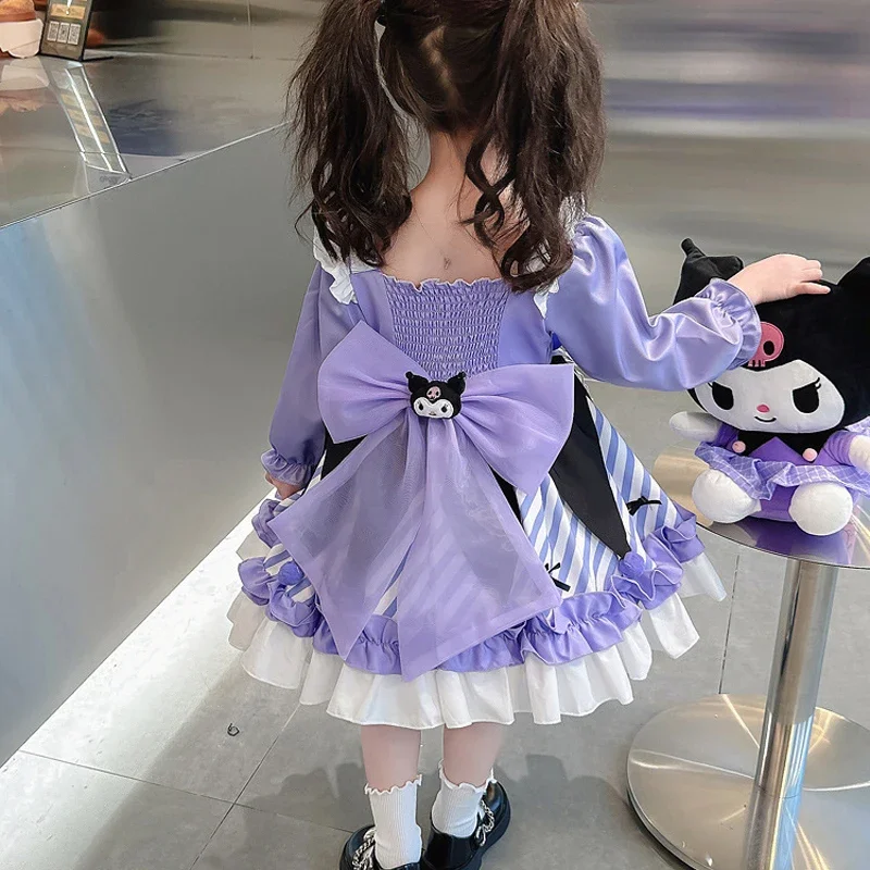 Фото Платье для девочек Kuromi Sanrio: Новая осенняя коллекция, мультяшный дизайн, аниме-персонаж, модная юбка в стиле Лолита, детская одежда из хлопка, кавайный стиль №1