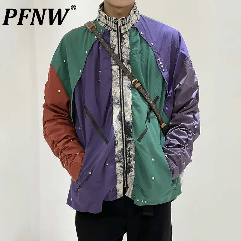 

PFNW Multi Color Patchwork Men's Jackets Stitching Color Male Rivet Deconstruction Coats Autumn Original New Design Tops 28W1030