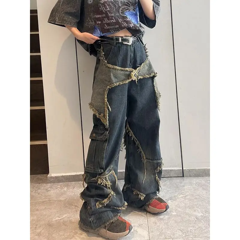 

Y2k Retro men Korean blue street wear Oversize Star aesthetic straight leg jeans Wide leg jeans junk jeans women