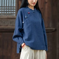 women shirts vintage cotton linen tops stand collar long sleeve spring chinese style loose button up blouses shirts tang suit
