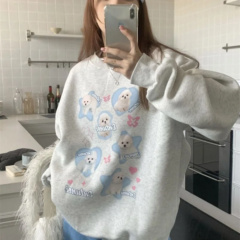 

Женский свитшот в стиле Харадзюку, винтажный пуловер оверсайз с длинным рукавом, серая толстовка в Корейском стиле