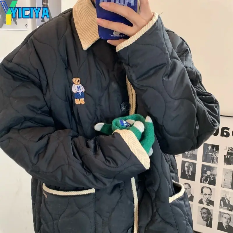 YICIYA New Autumn Winter Woman Jackets Thick Warm Parkas Hooded Single Breasted Jacket Solid Color Cotton Coat Cute Outwear Y2k