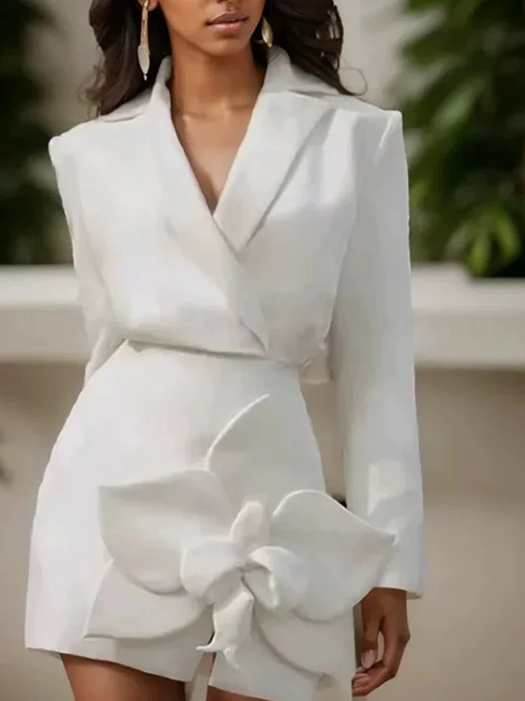 Женское платье с трехмерным цветком отложным воротником и длинным рукавом