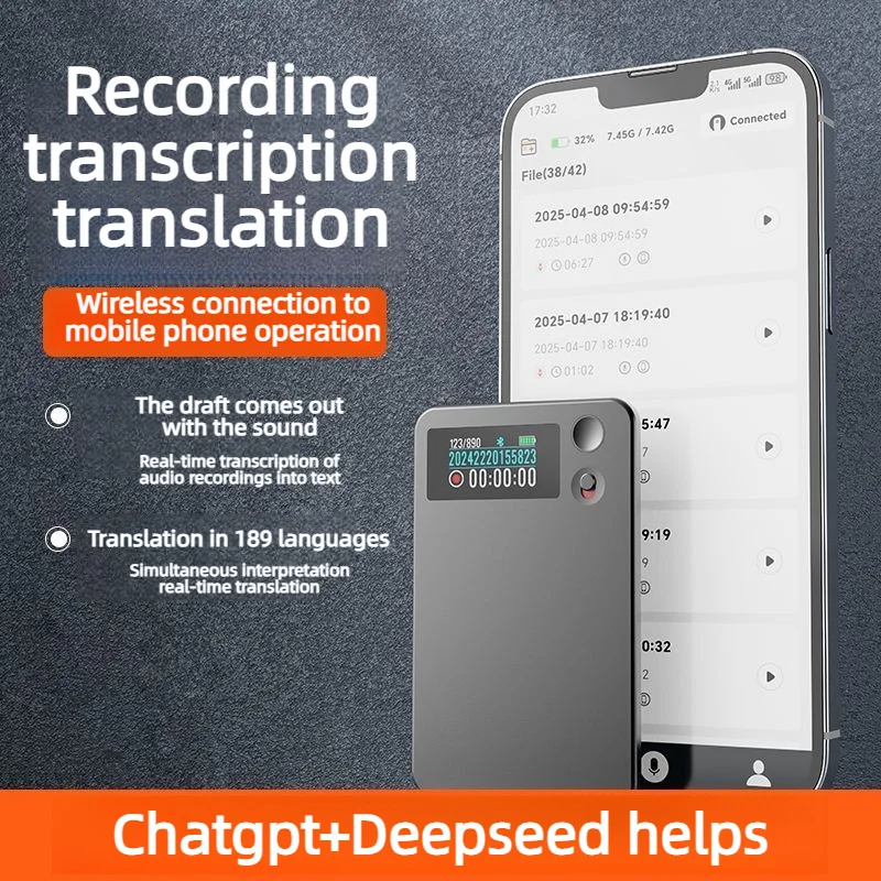 Фото Новый умный мини-рекордер 2026 года с приложением ChatGPT, поддержкой 118 языков, 8-64 ГБ памяти, для совещаний, интервью, звонков, выступлений, AI-транскрипция №1