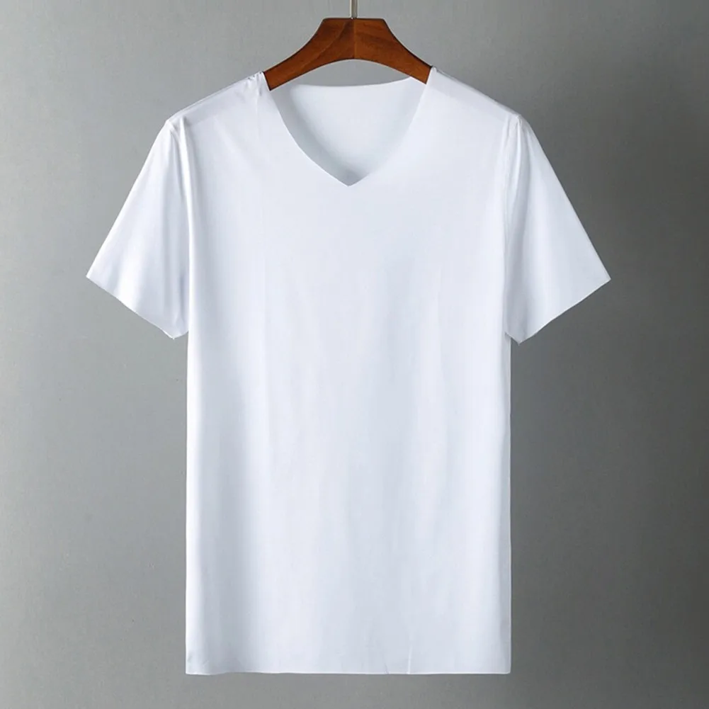 

1281 Mannen T-shirt Japan Korte Mouw Mannelijke Ijs Zijde Ongebaande T-shirt V-hals Slanke Zomer Pure Kleuren Kleding T Shirts