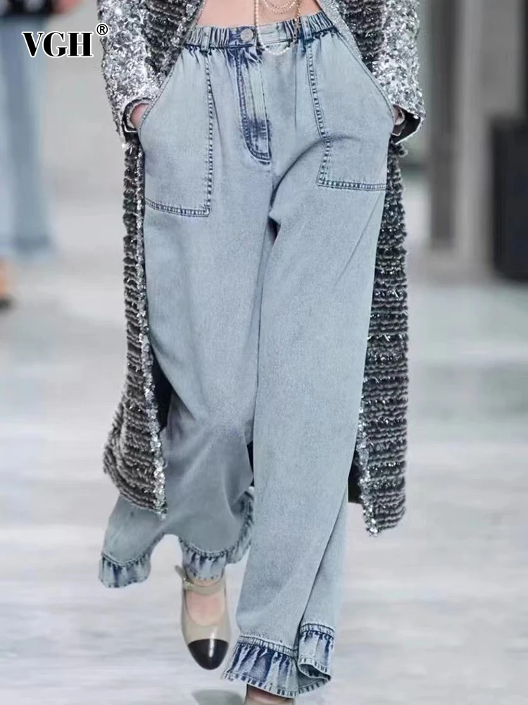 

Женские джинсы с высокой талией VGH, повседневные однотонные свободные джинсовые брюки с большими карманами и широкими штанинами в Корейско...