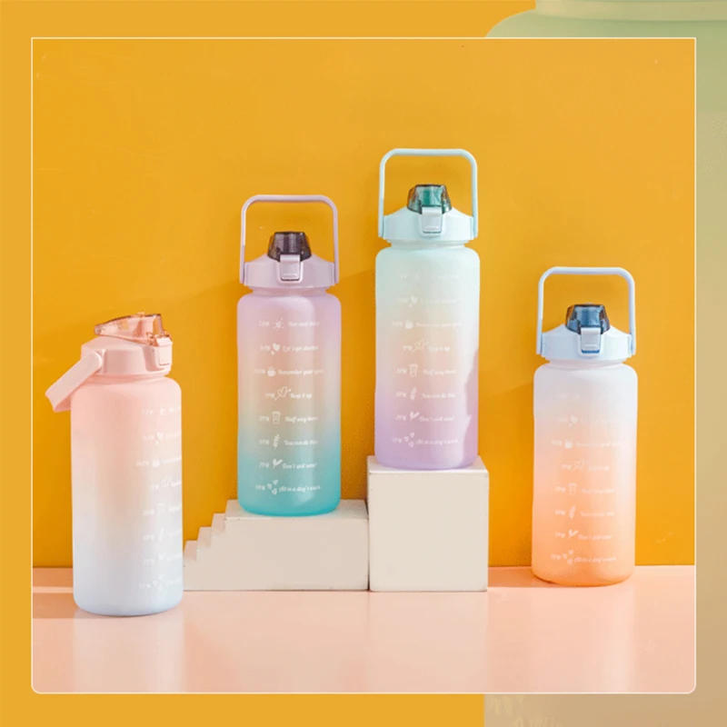 

2L Large Capacity Water Bottle with Bounce Cover Time Scale Reminder Frosted Cup with Cute Stickers for Outdoor Sports Fitness
