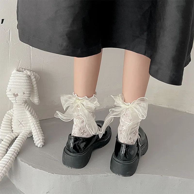 

Lolita Lace Socks Women Thin Bowknot Long Socks Femme Sweet JK Fungus Socks Ankle Dress White Black Calcetine Medias