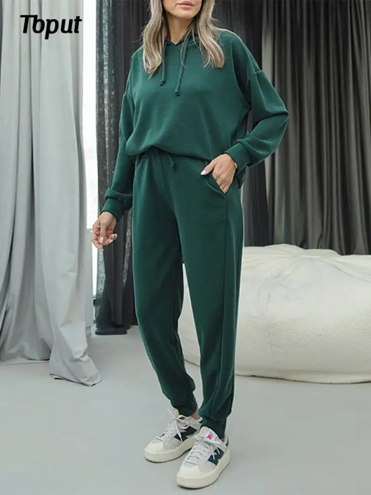 

Женский однотонный комплект из двух предметов, повседневный костюм с длинным рукавом и брюками с капюшоном и высокой талией, Женский Осенни...