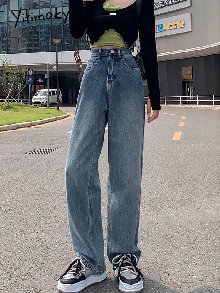 

Yitimoky High Waist Fashion Denim Jeans For Women Female Trousers Spring 2022 Wide Leg Pants Vintage Blue Denim Ladies Mon Jeans